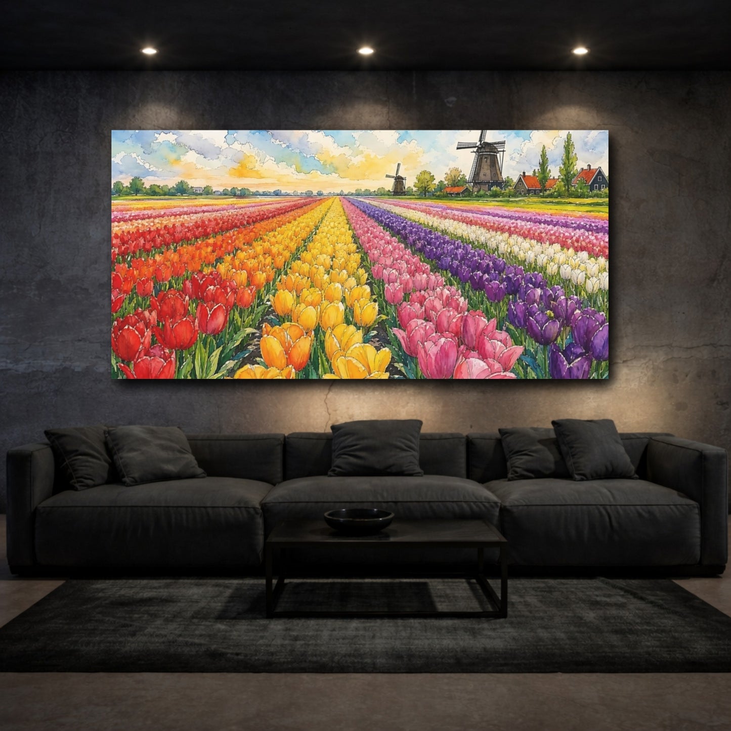 Mockup 3. Tulip Fields And Windmills shown as canvas print
