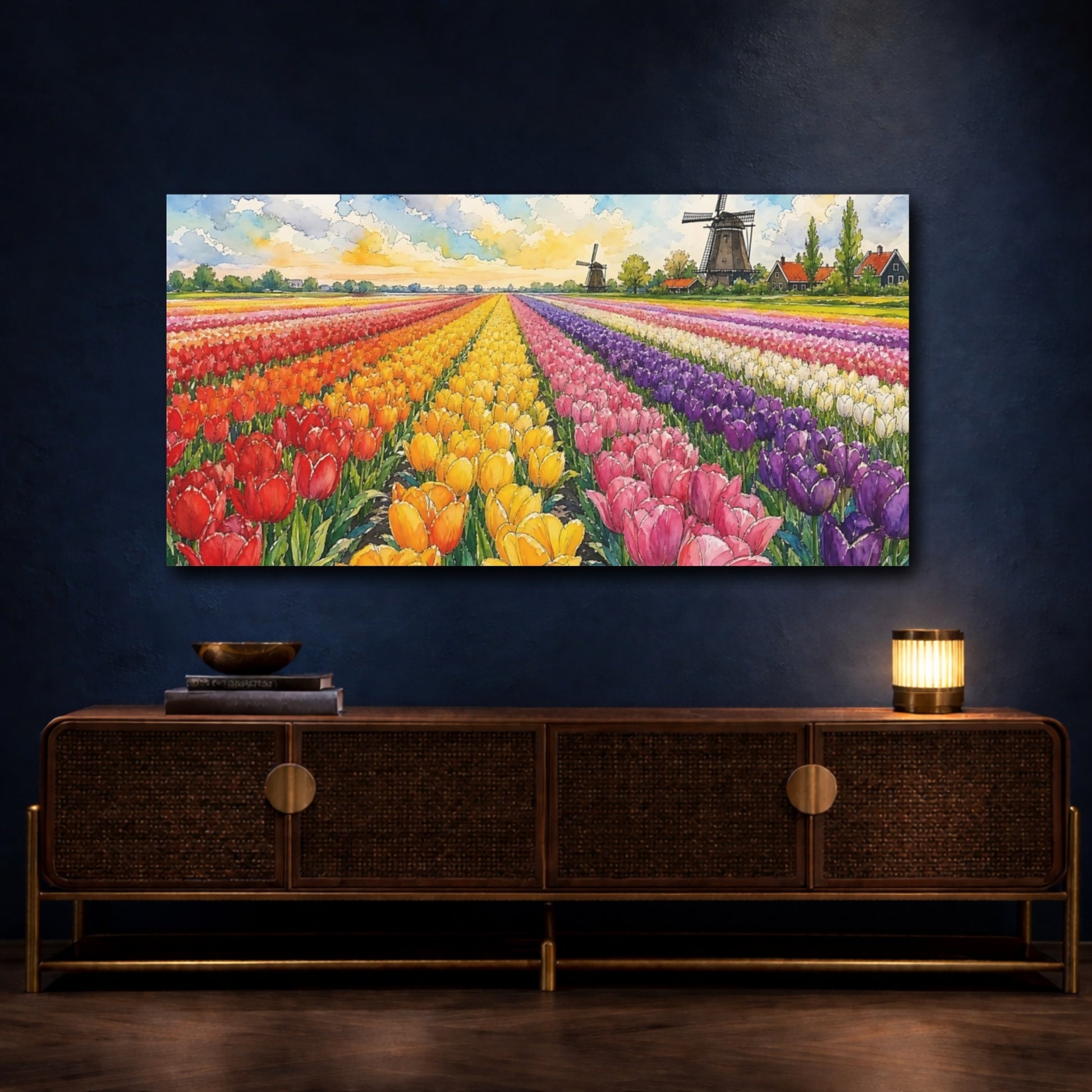 Mockup 4. Tulip Fields And Windmills shown as canvas print