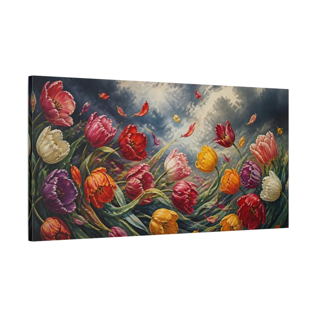 Main Mockup. Tulips In Stormy Sky shown as canvas print