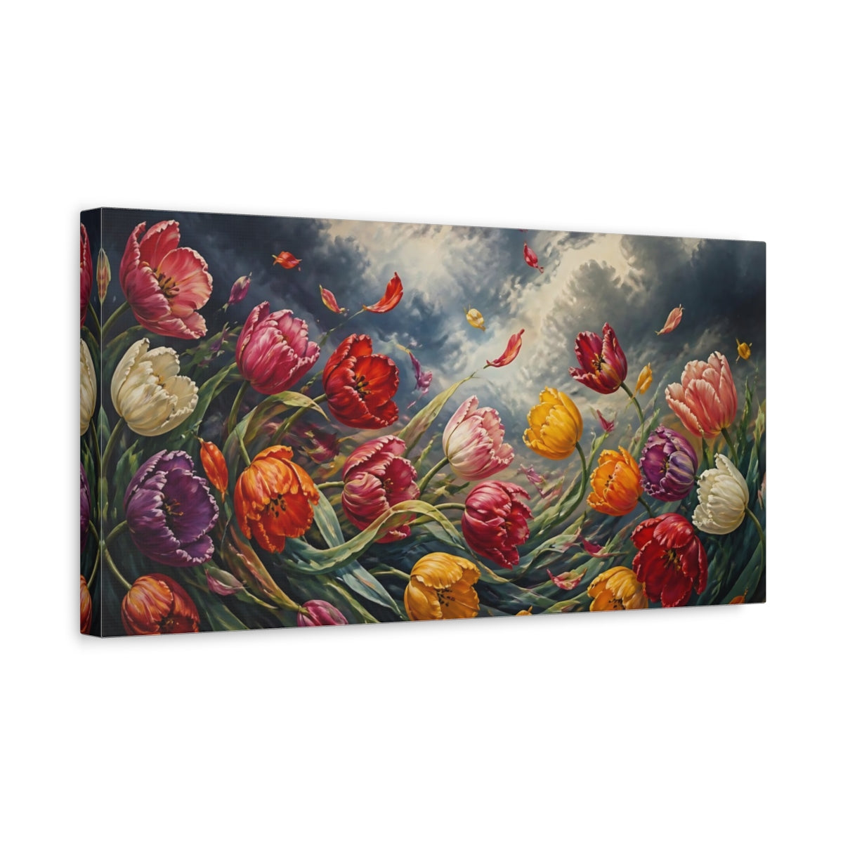 Side Mockup 3. Tulips In Stormy Sky shown as canvas print