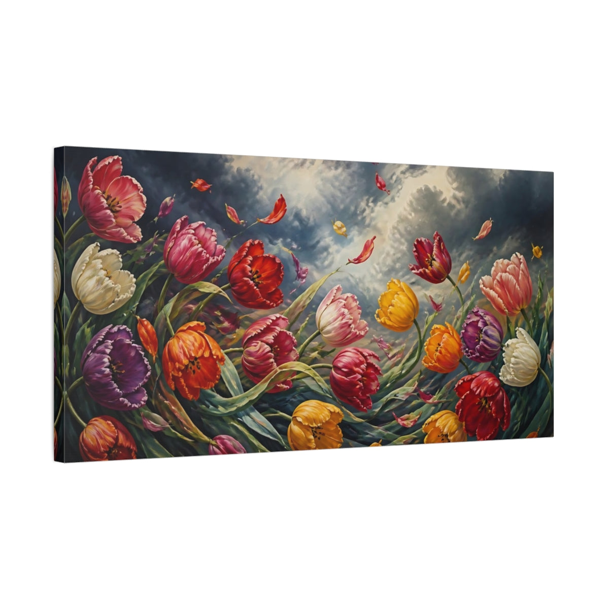 Side Mockup 1. Tulips In Stormy Sky shown as canvas print