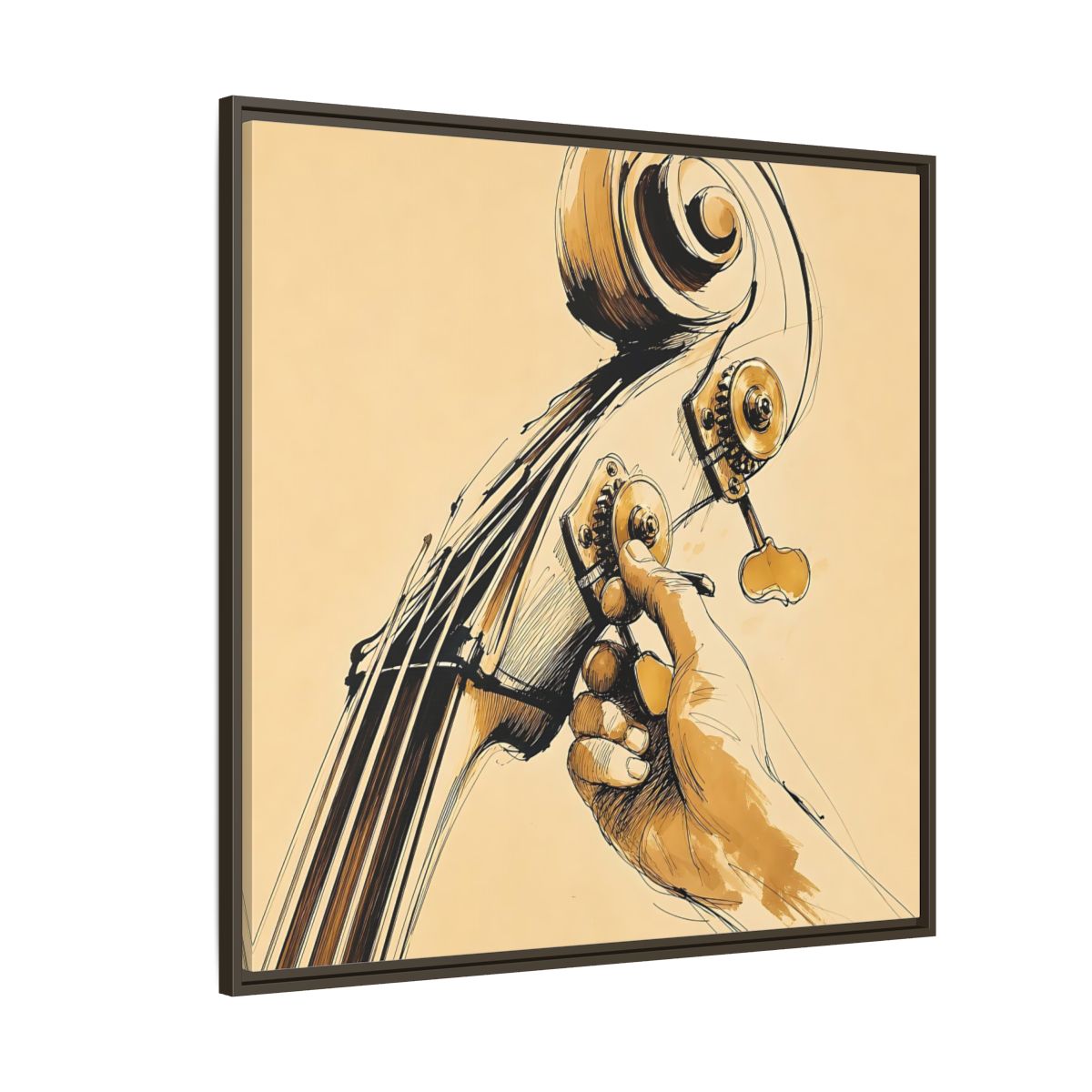 Side Mockup 5. Tuning The Upright Bass shown as framed canvas print