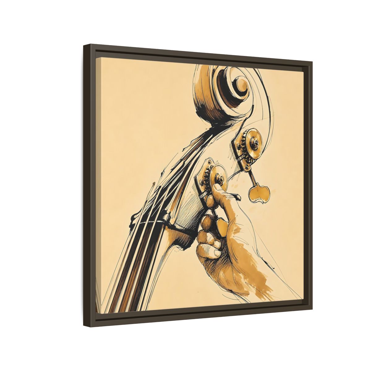 Side Mockup 11. Tuning The Upright Bass shown as framed canvas print
