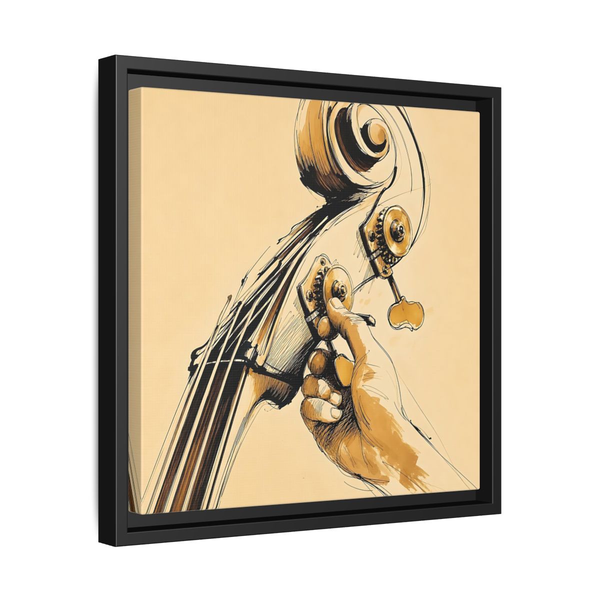 Side Mockup 32. Tuning The Upright Bass shown as framed canvas print