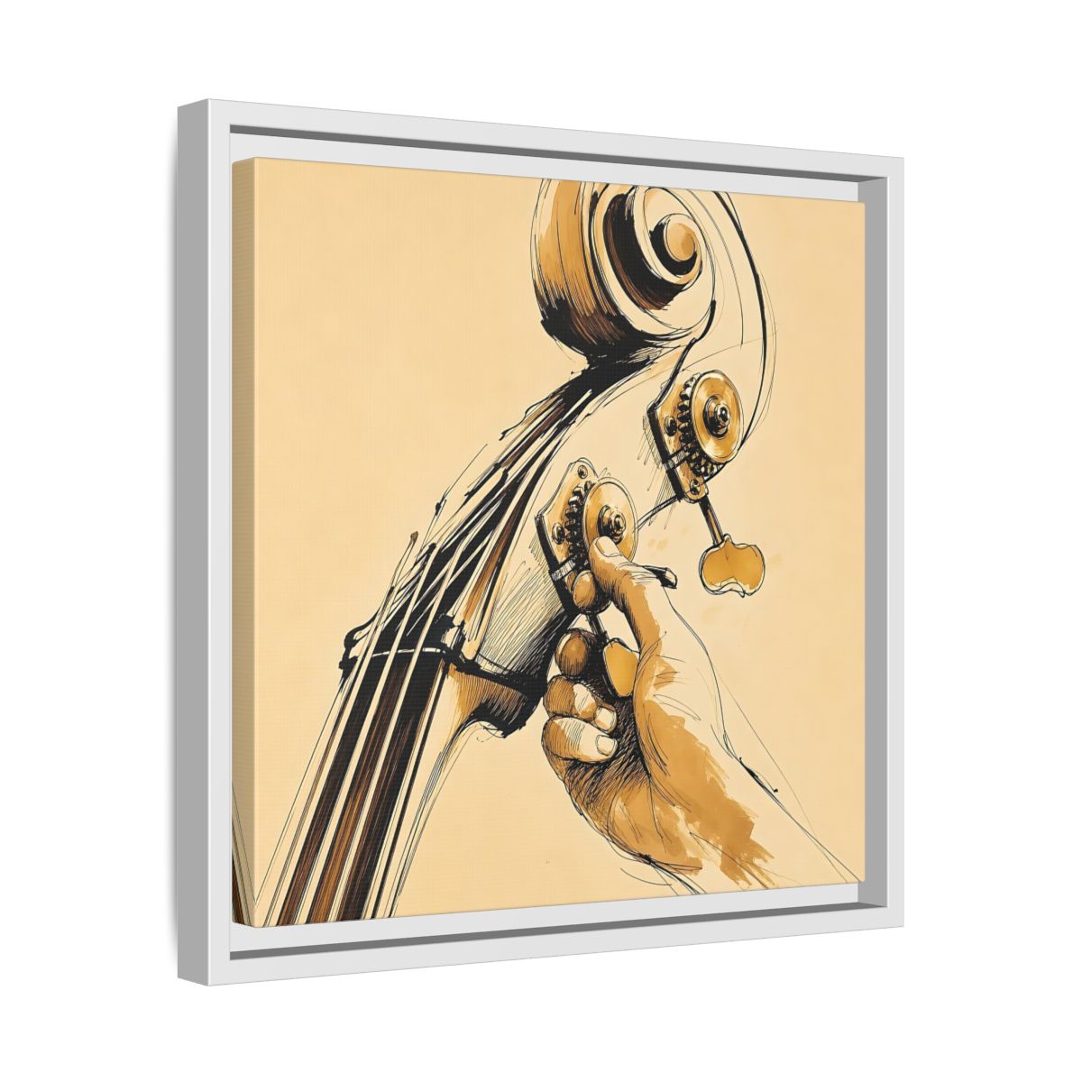 Side Mockup 28. Tuning The Upright Bass shown as framed canvas print