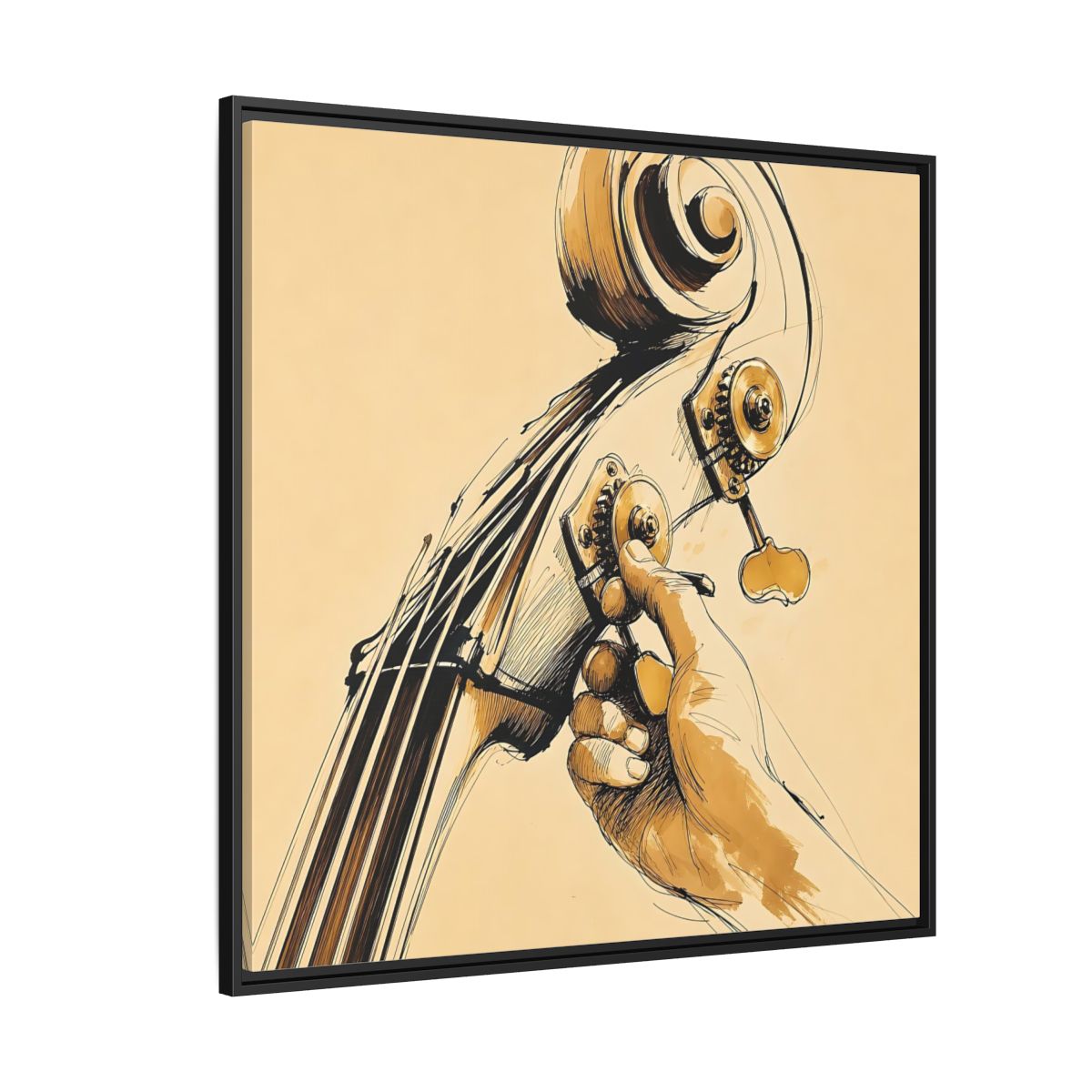 Side Mockup 6. Tuning The Upright Bass shown as framed canvas print