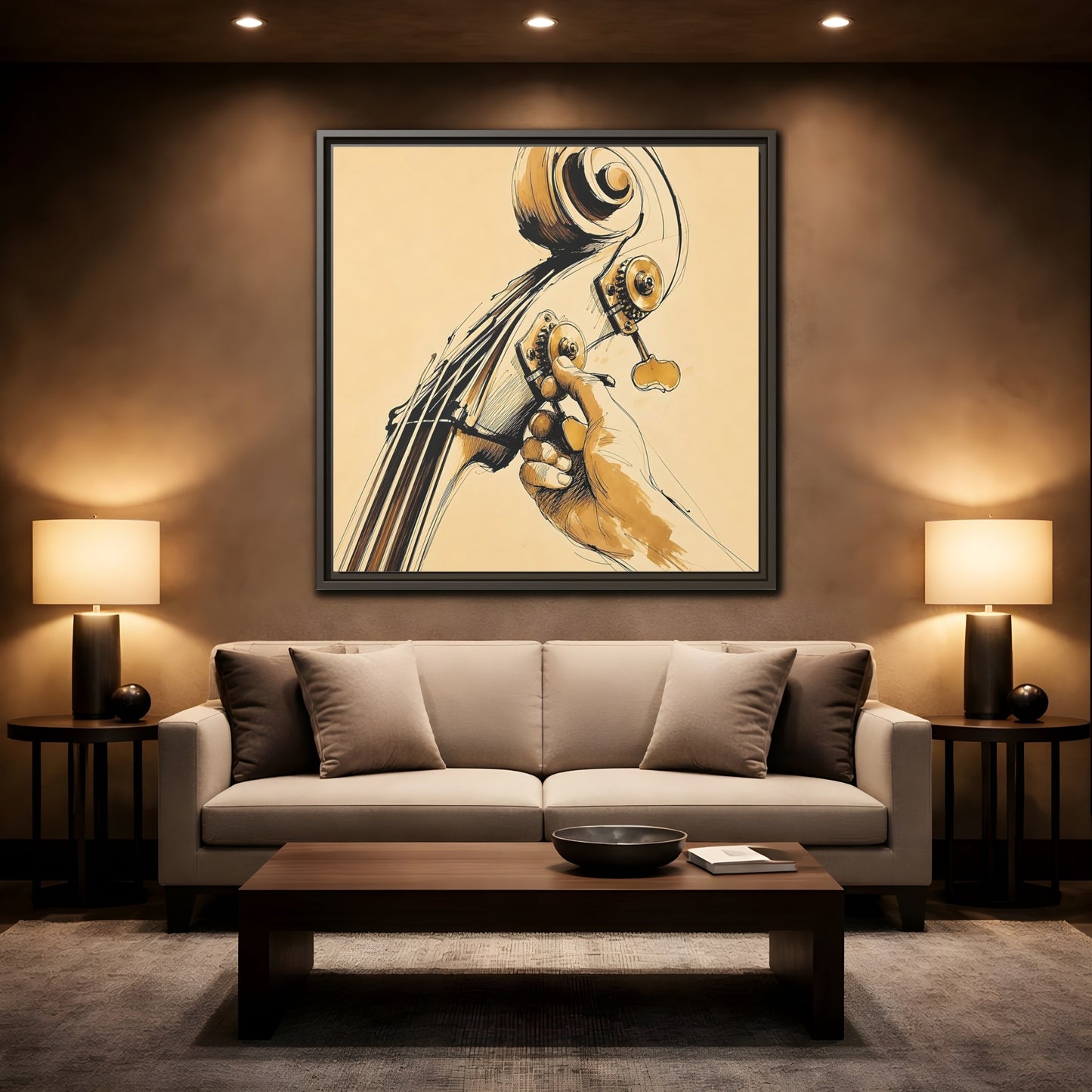 Mockup 2. Tuning The Upright Bass shown as framed canvas print