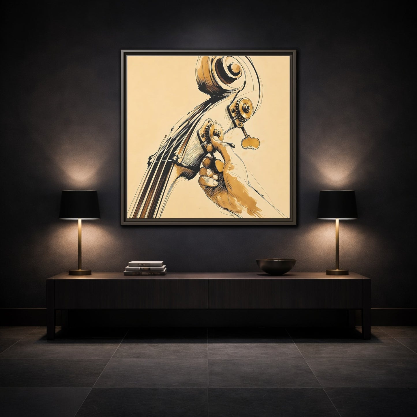 Mockup 3. Tuning The Upright Bass shown as framed canvas print