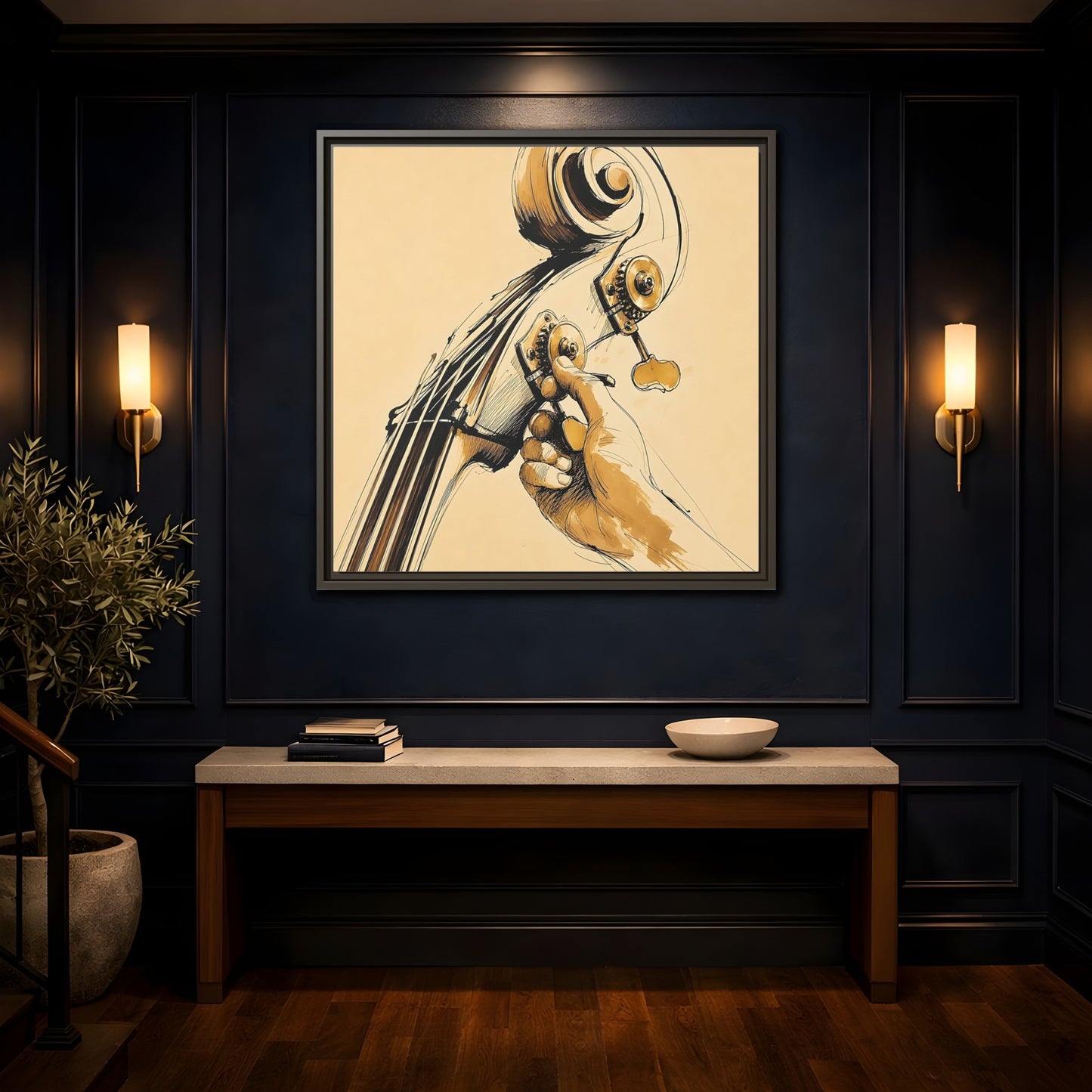 Mockup 4. Tuning The Upright Bass shown as framed canvas print