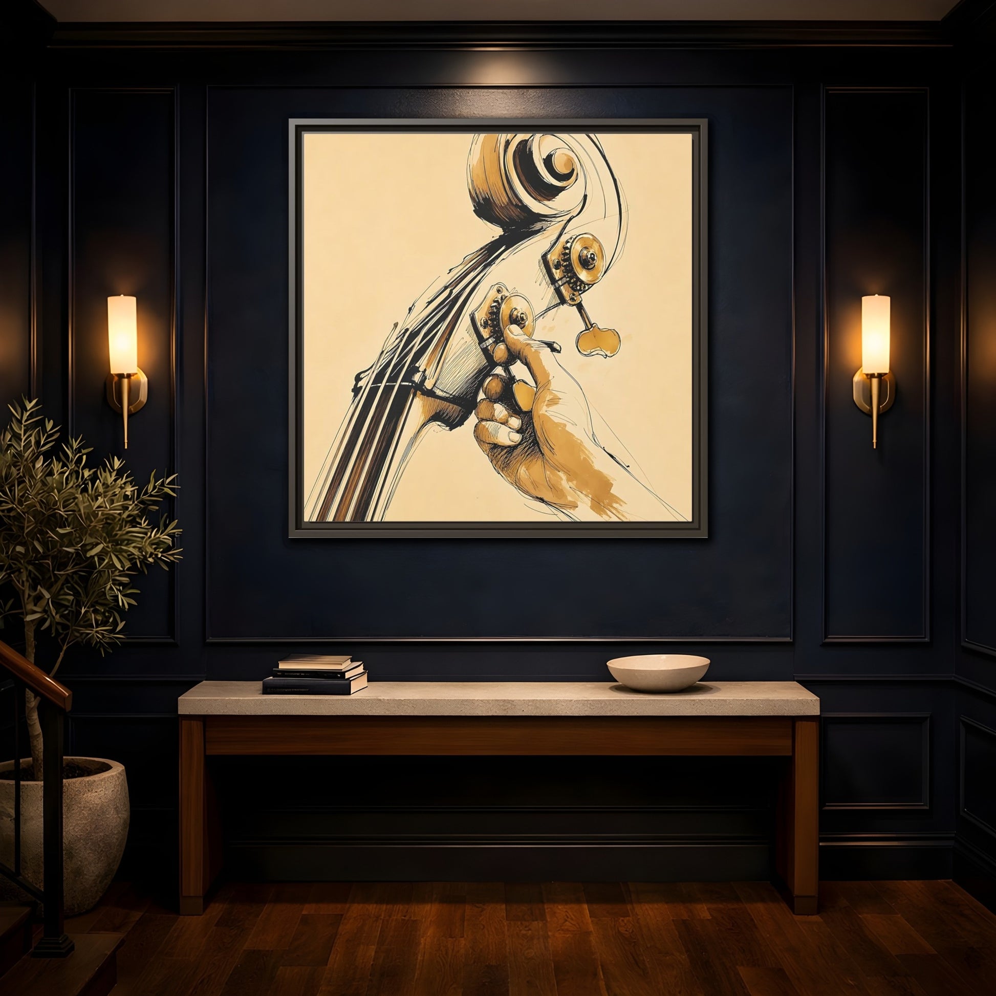 Mockup 4. Tuning The Upright Bass shown as framed canvas print