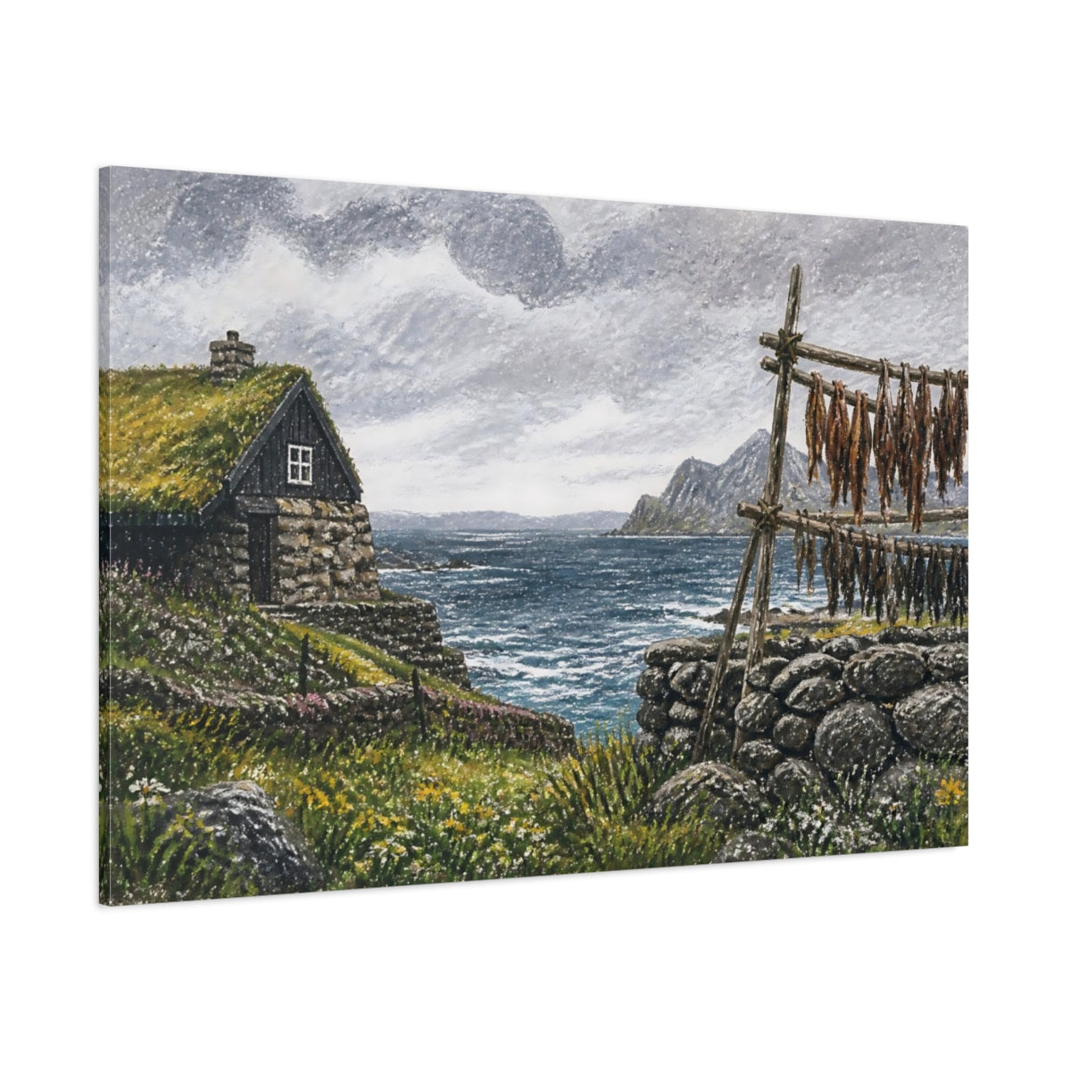 Side Mockup 1. Turf-Roof Coastal Cottage shown as canvas print