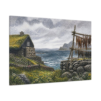 Side Mockup 1. Turf-Roof Coastal Cottage shown as canvas print