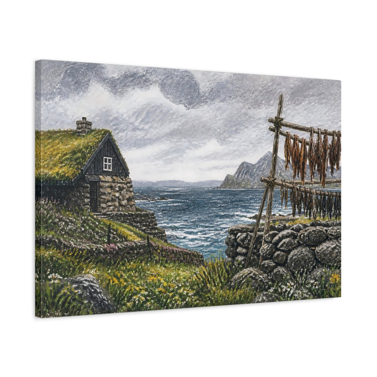 Side Mockup 2. Turf-Roof Coastal Cottage shown as canvas print