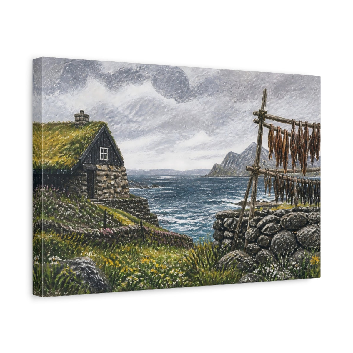 Side Mockup 4. Turf-Roof Coastal Cottage shown as canvas print