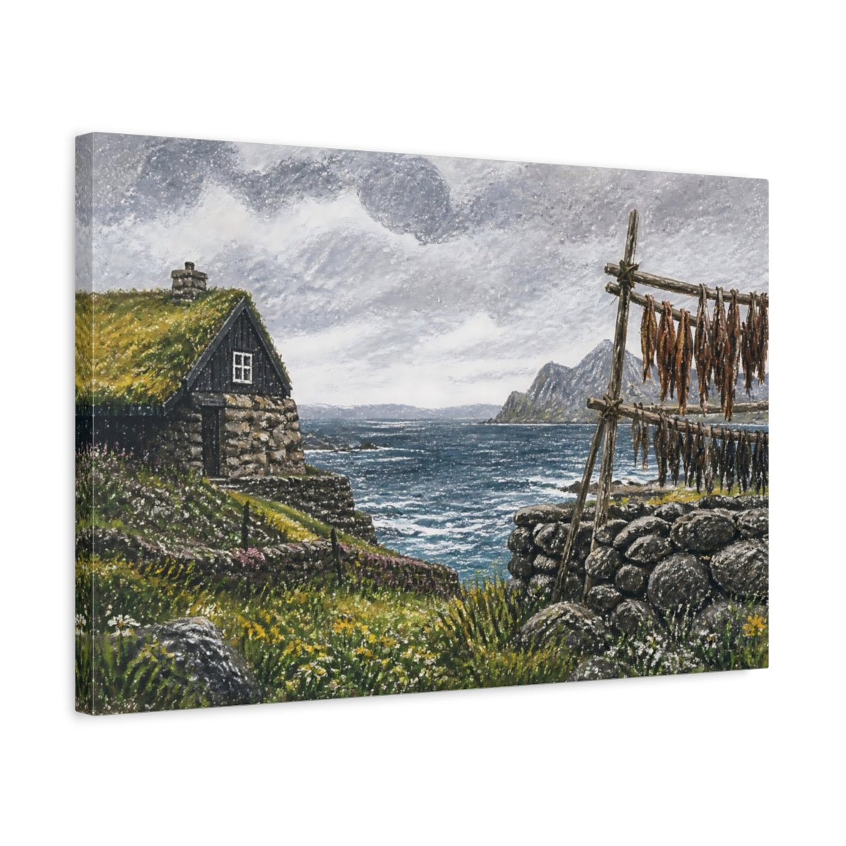 Side Mockup 3. Turf-Roof Coastal Cottage shown as canvas print