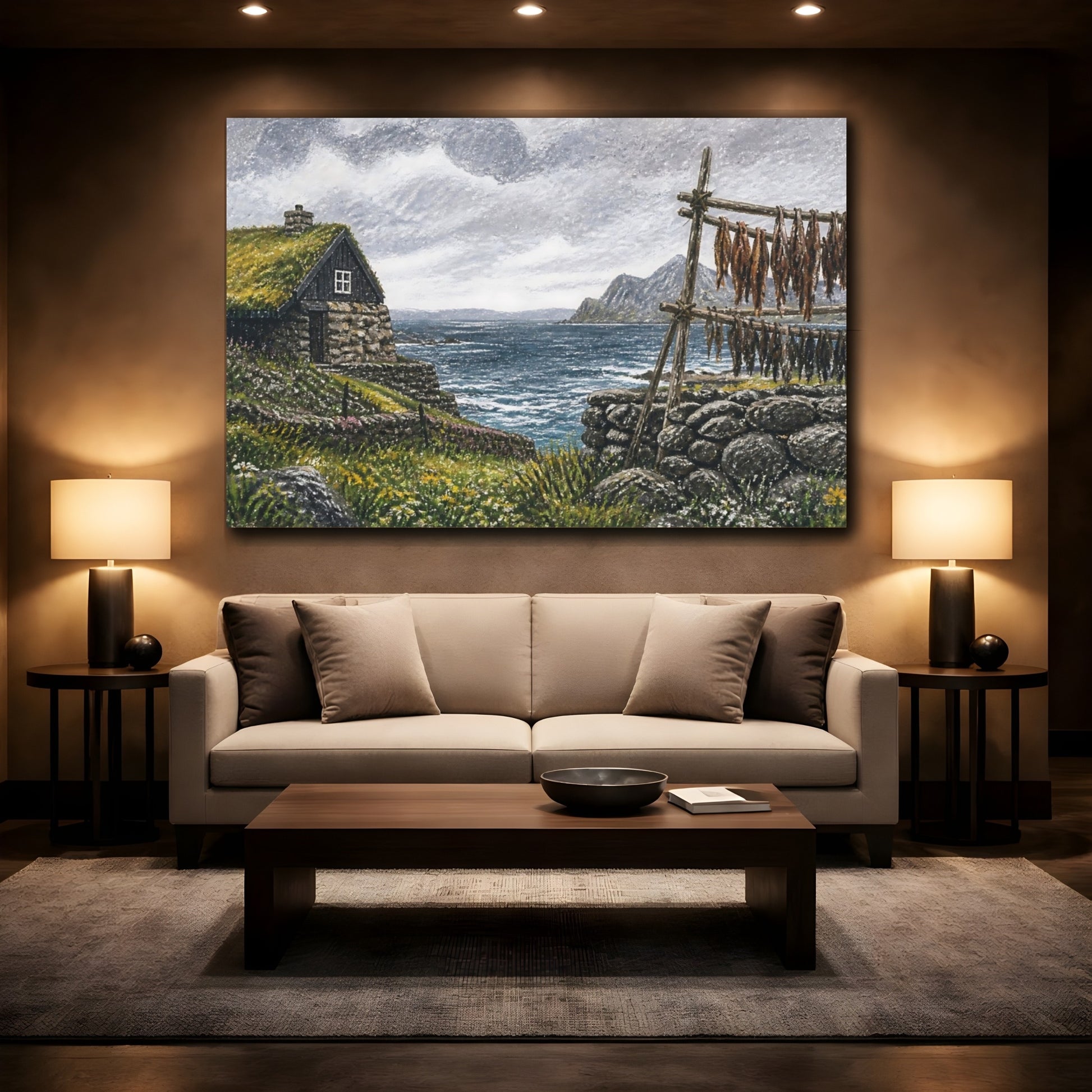 Mockup 2. Turf-Roof Coastal Cottage shown as canvas print
