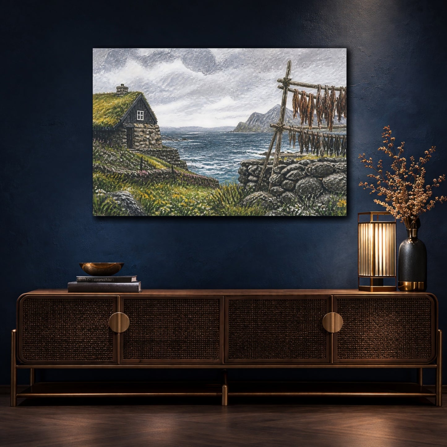 Mockup 4. Turf-Roof Coastal Cottage shown as canvas print