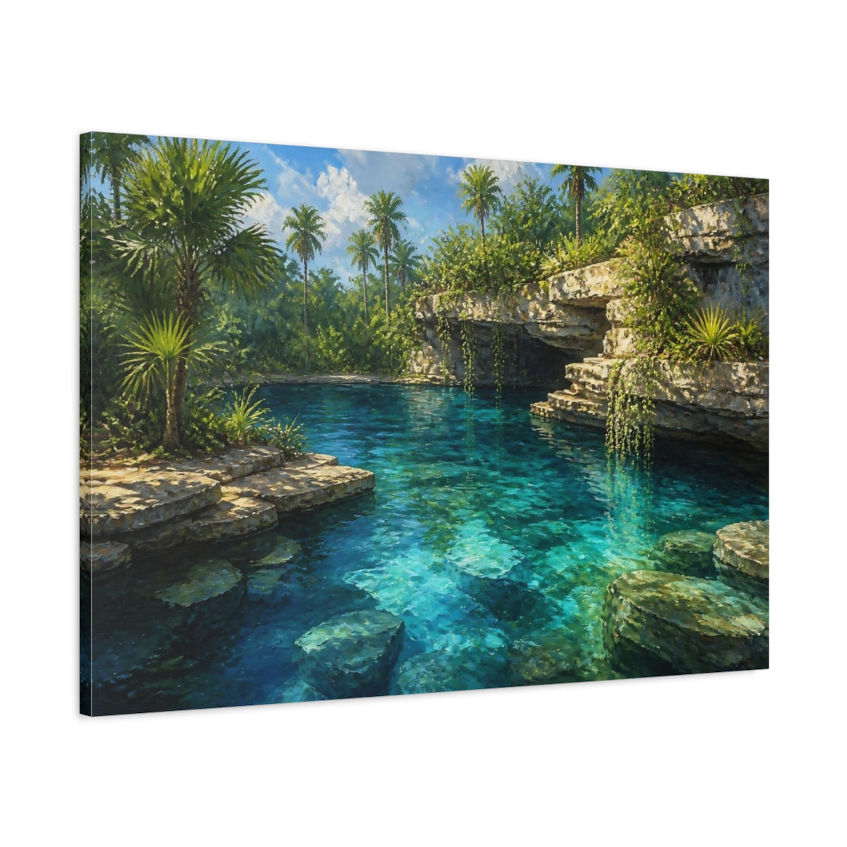 Main Mockup. Turquoise Cenote Landscape shown as canvas print