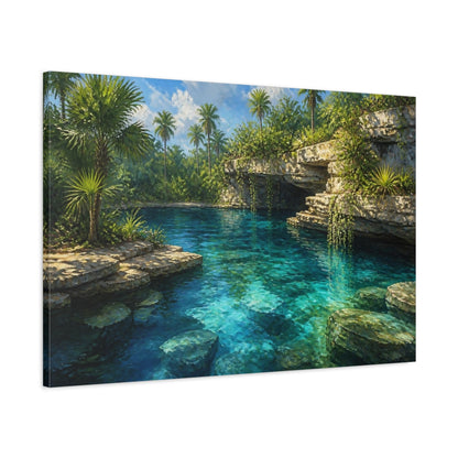 Main Mockup. Turquoise Cenote Landscape shown as canvas print