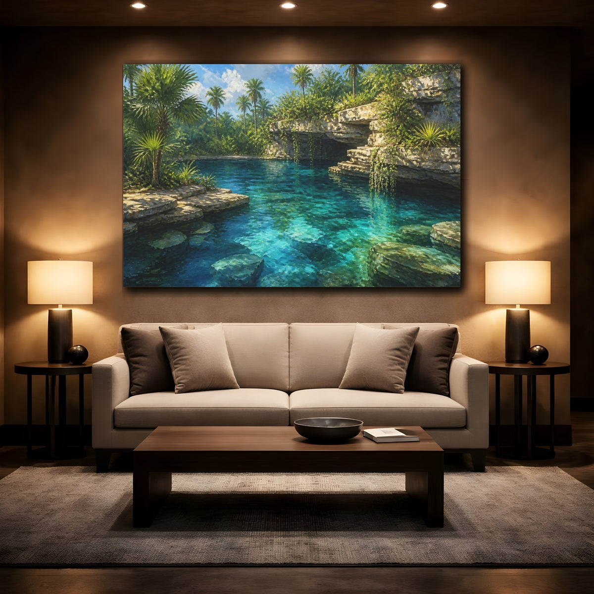 Mockup 2. Turquoise Cenote Landscape shown as canvas print