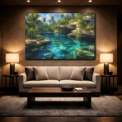 Mockup 2. Turquoise Cenote Landscape shown as canvas print