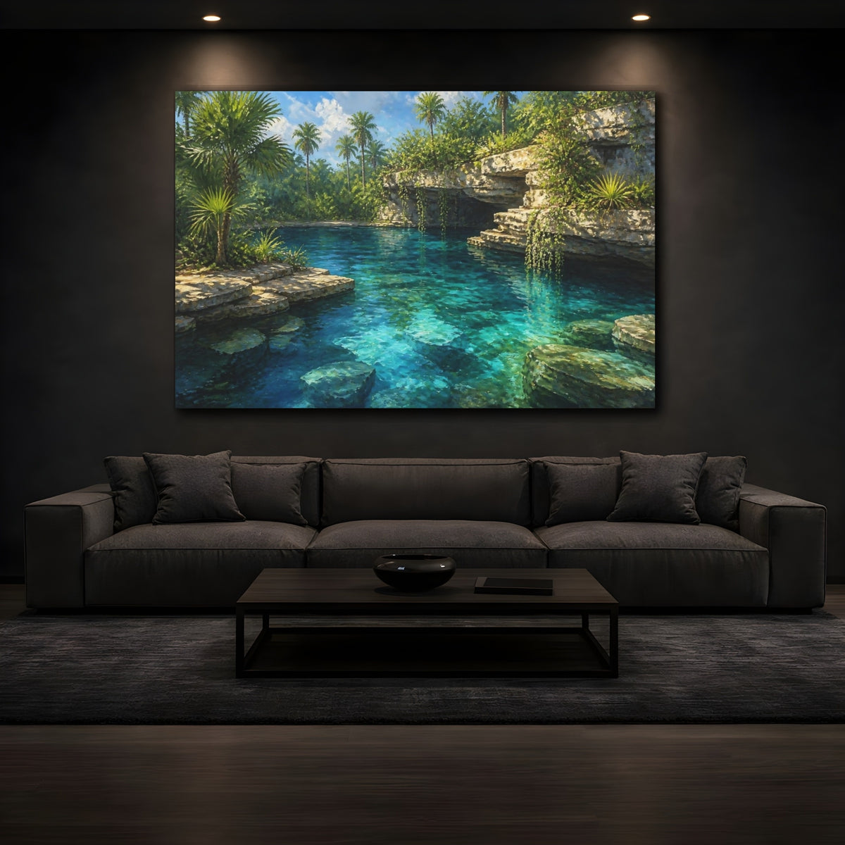 Mockup 3. Turquoise Cenote Landscape shown as canvas print