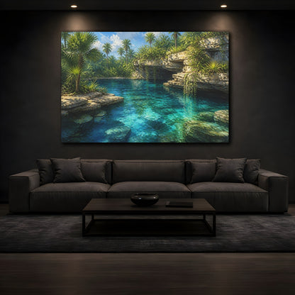 Mockup 3. Turquoise Cenote Landscape shown as canvas print