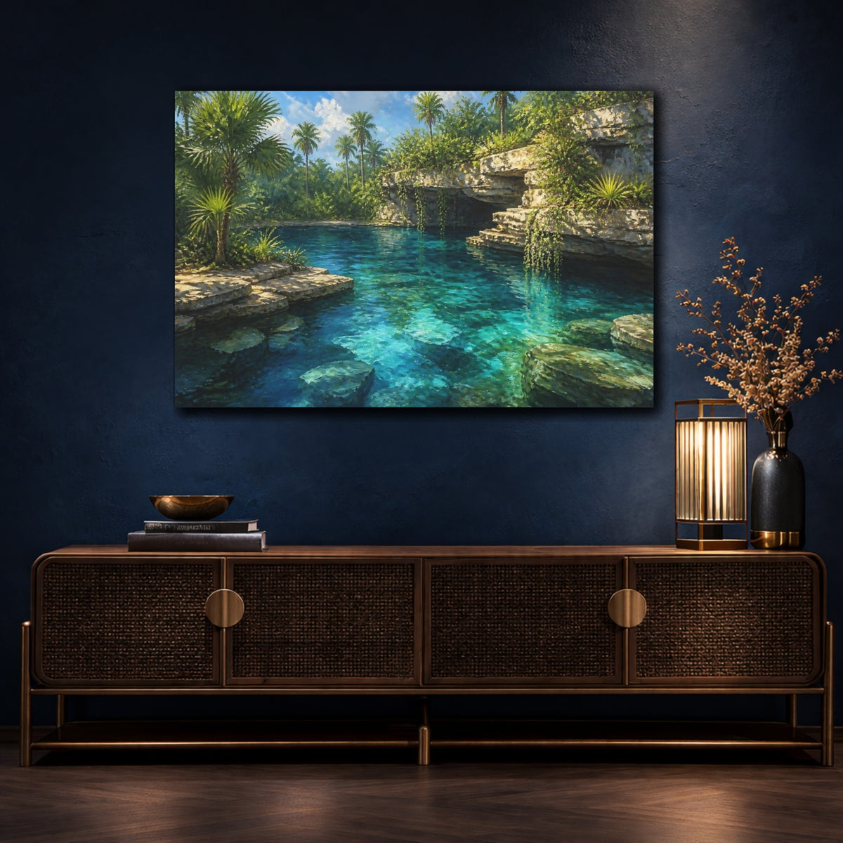 Mockup 4. Turquoise Cenote Landscape shown as canvas print
