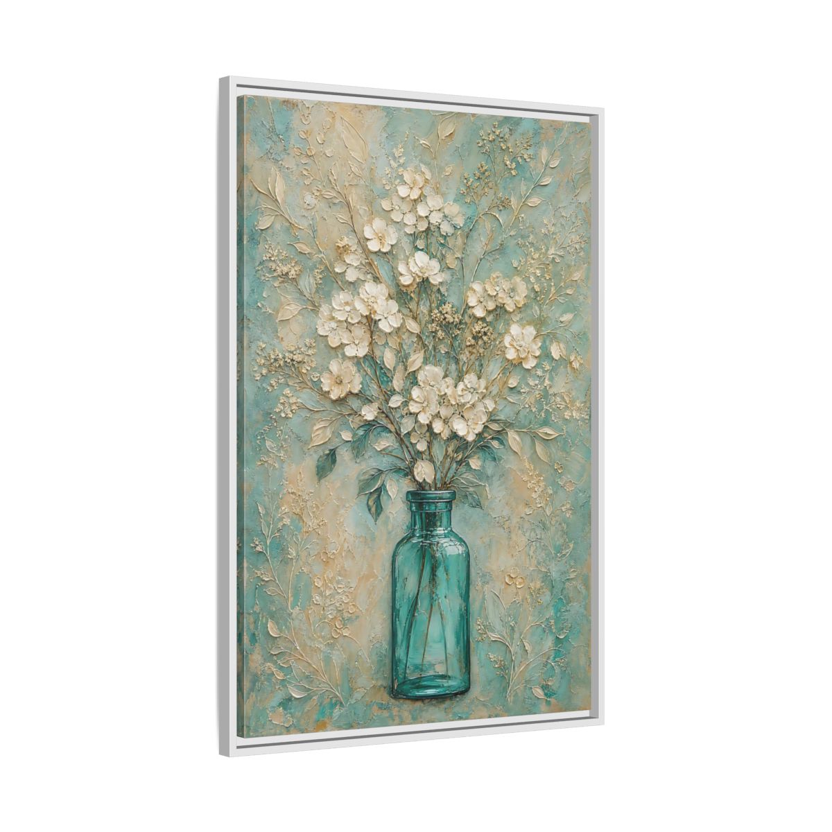 Side Mockup 9. Turquoise Vase Bouquet shown as framed canvas print