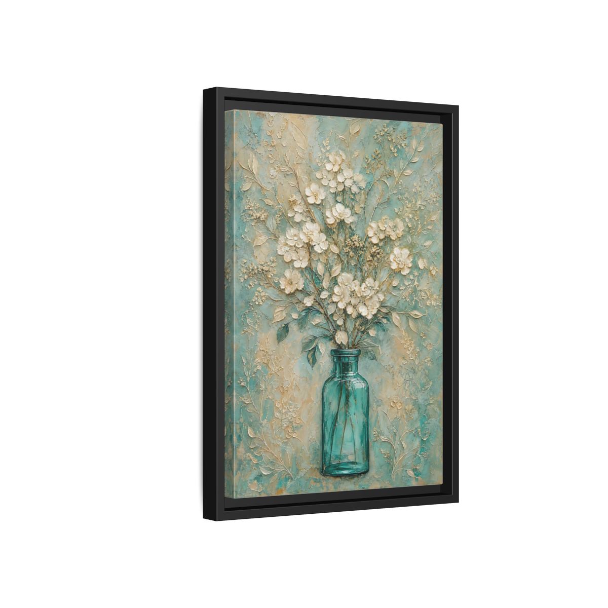 Side Mockup 6. Turquoise Vase Bouquet shown as framed canvas print