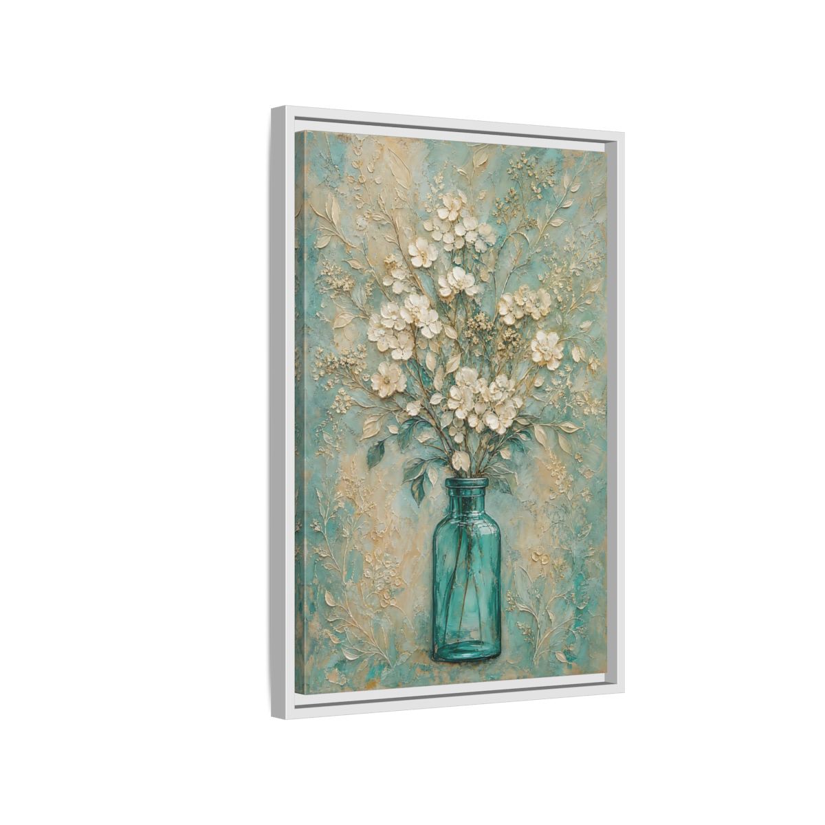 Side Mockup 1. Turquoise Vase Bouquet shown as framed canvas print