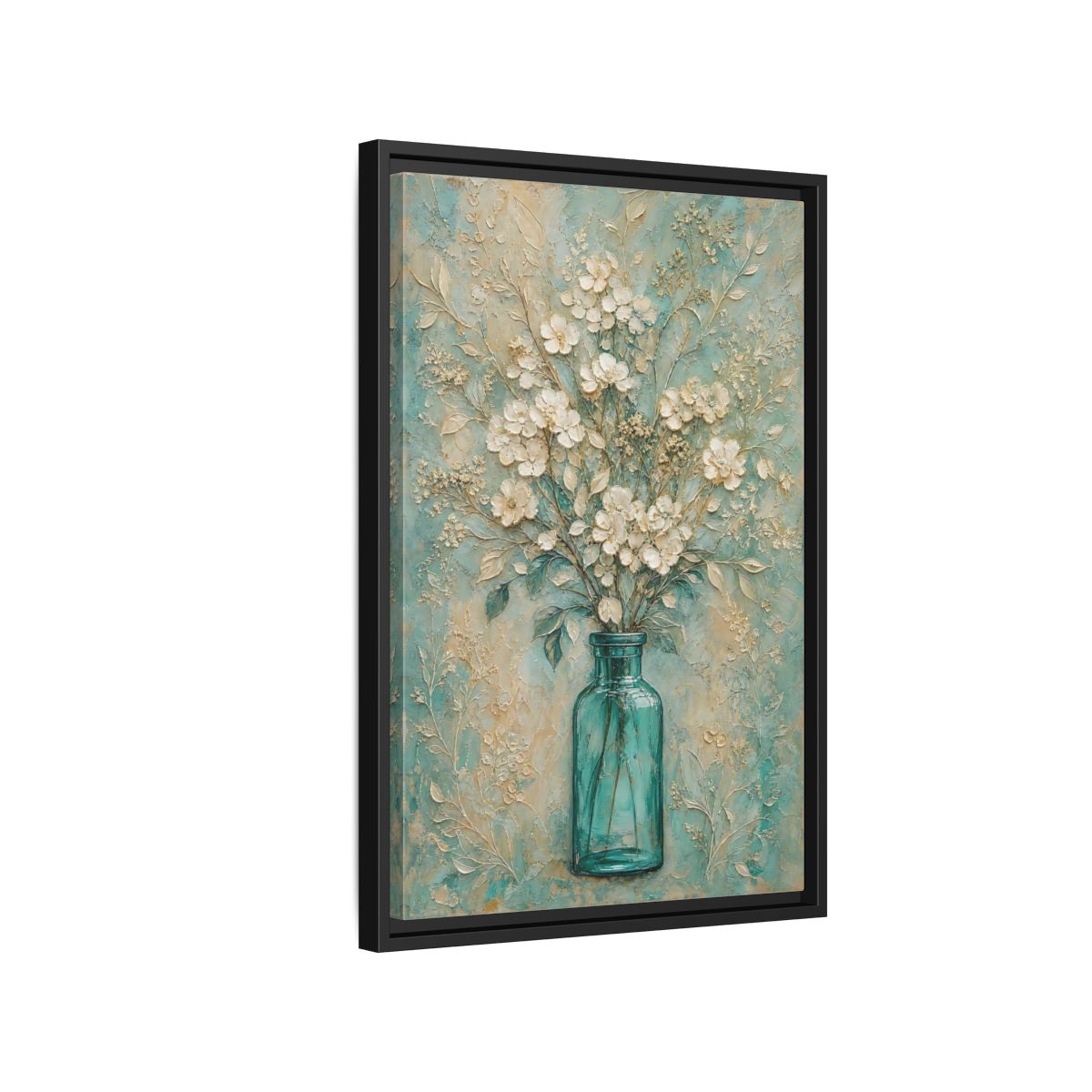 Side Mockup 3. Turquoise Vase Bouquet shown as framed canvas print