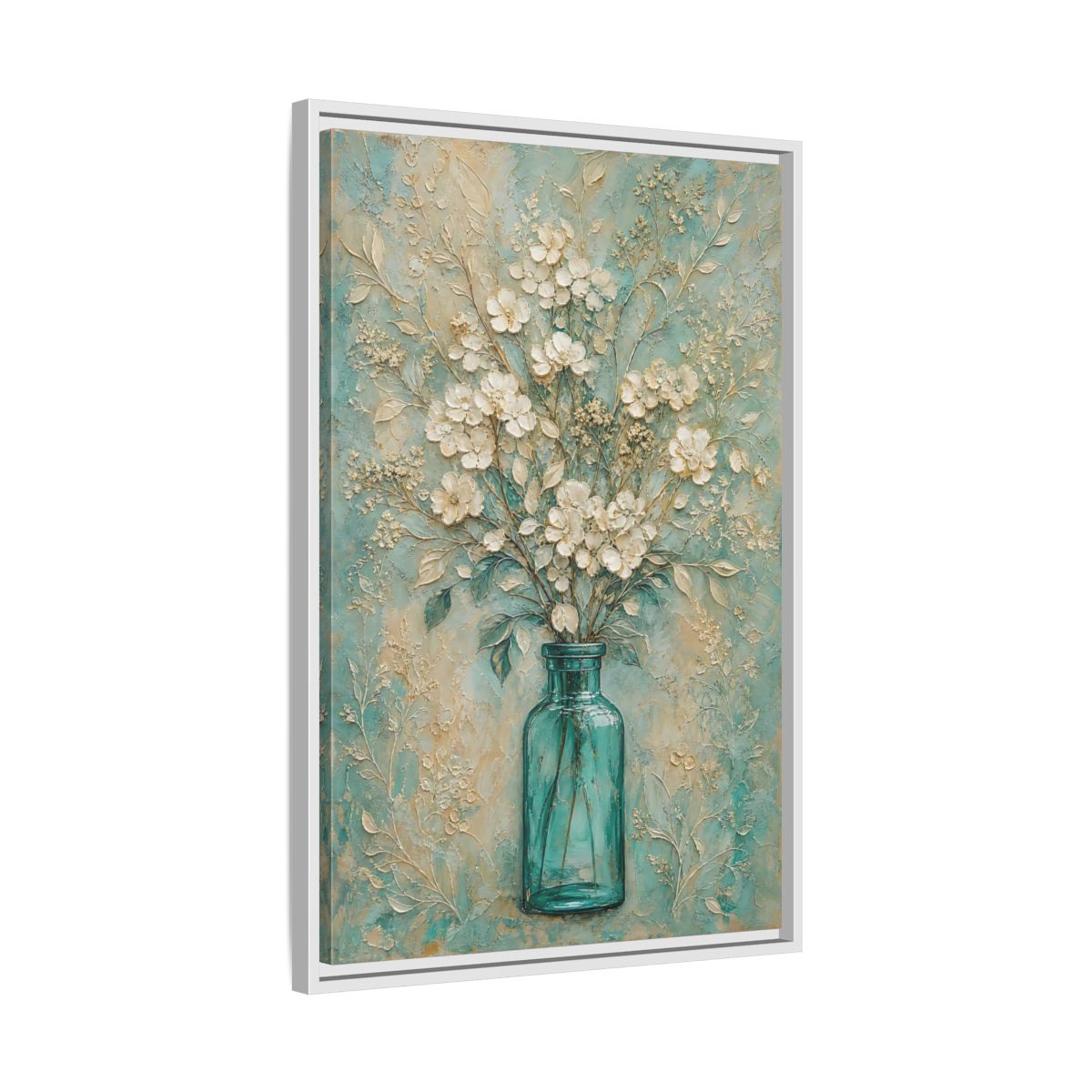 Side Mockup 10. Turquoise Vase Bouquet shown as framed canvas print