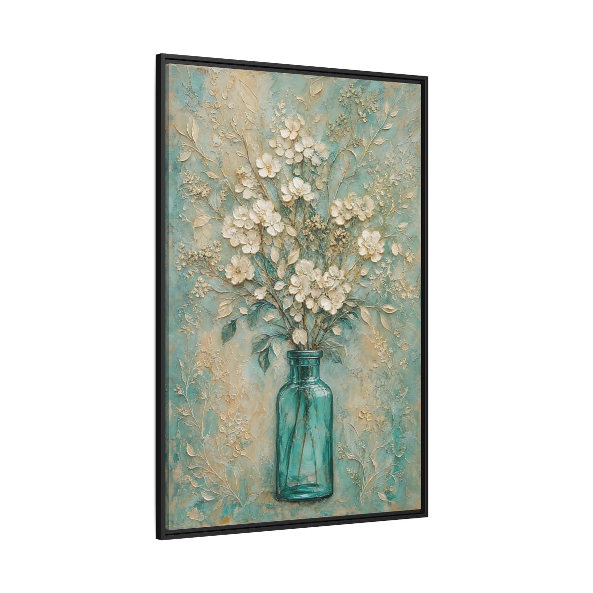 Side Mockup 12. Turquoise Vase Bouquet shown as framed canvas print