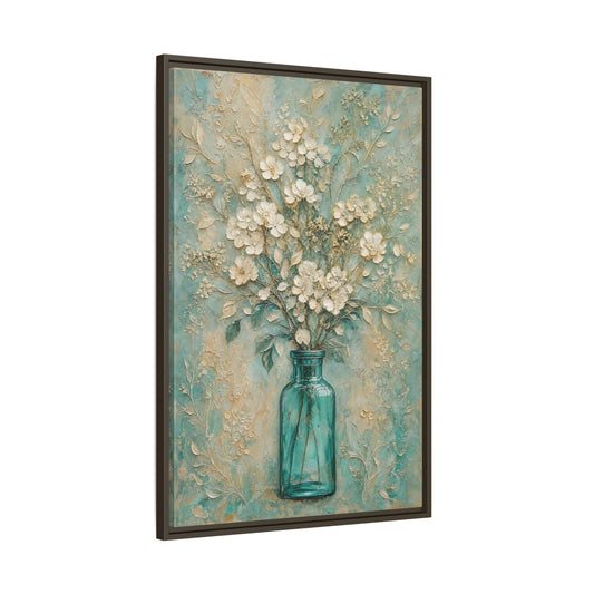 Main Mockup. Turquoise Vase Bouquet shown as framed canvas print