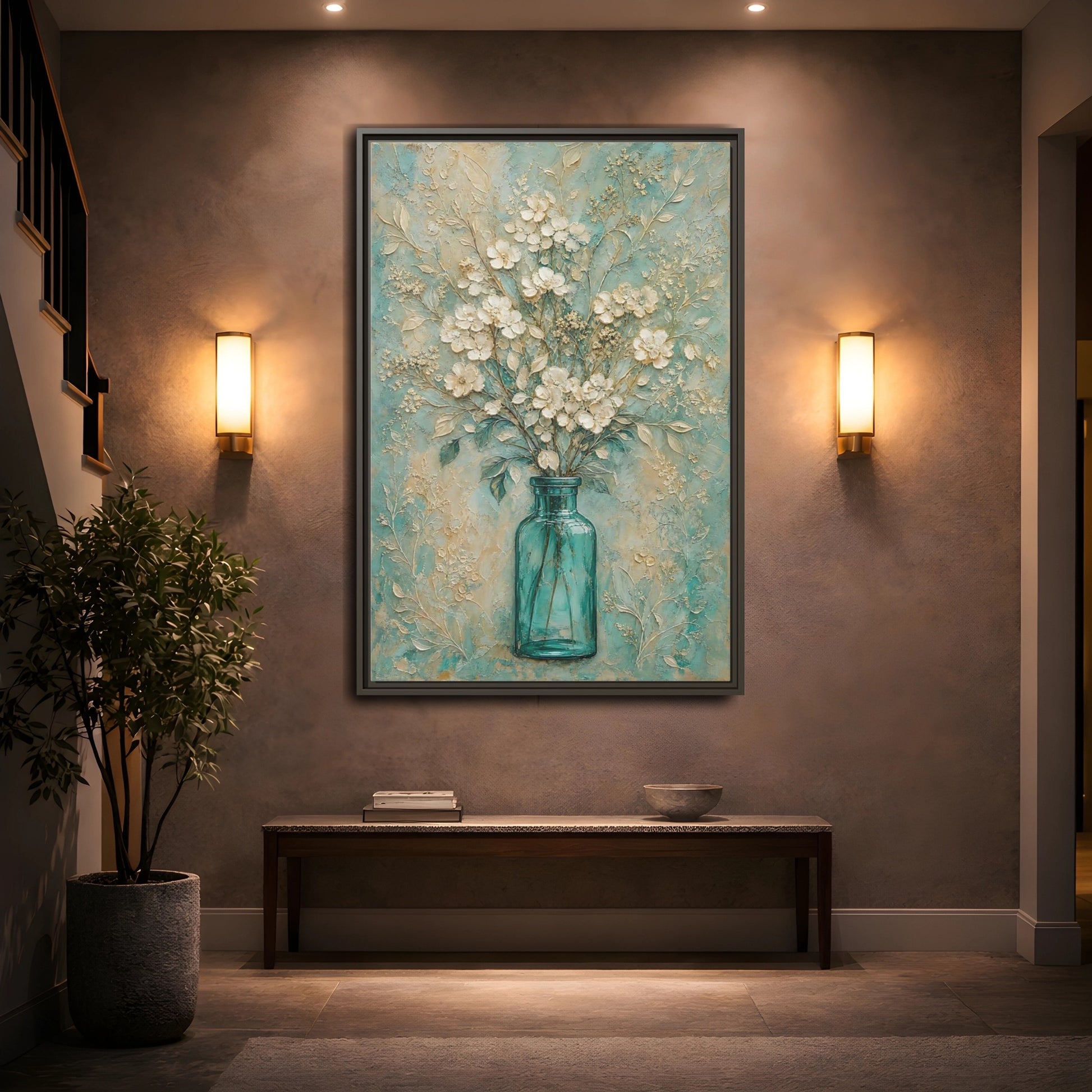 Mockup 2. Turquoise Vase Bouquet shown as framed canvas print