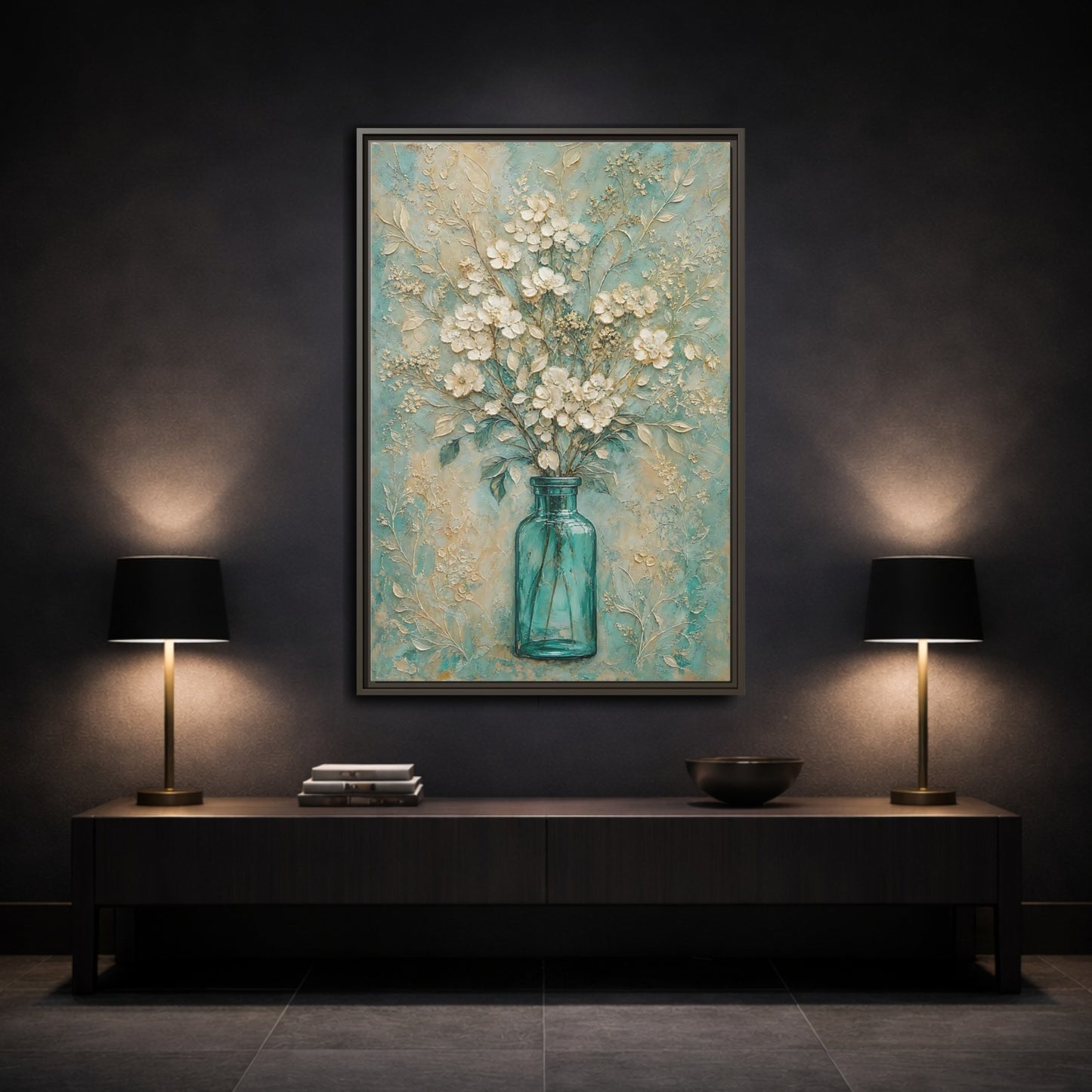 Mockup 3. Turquoise Vase Bouquet shown as framed canvas print