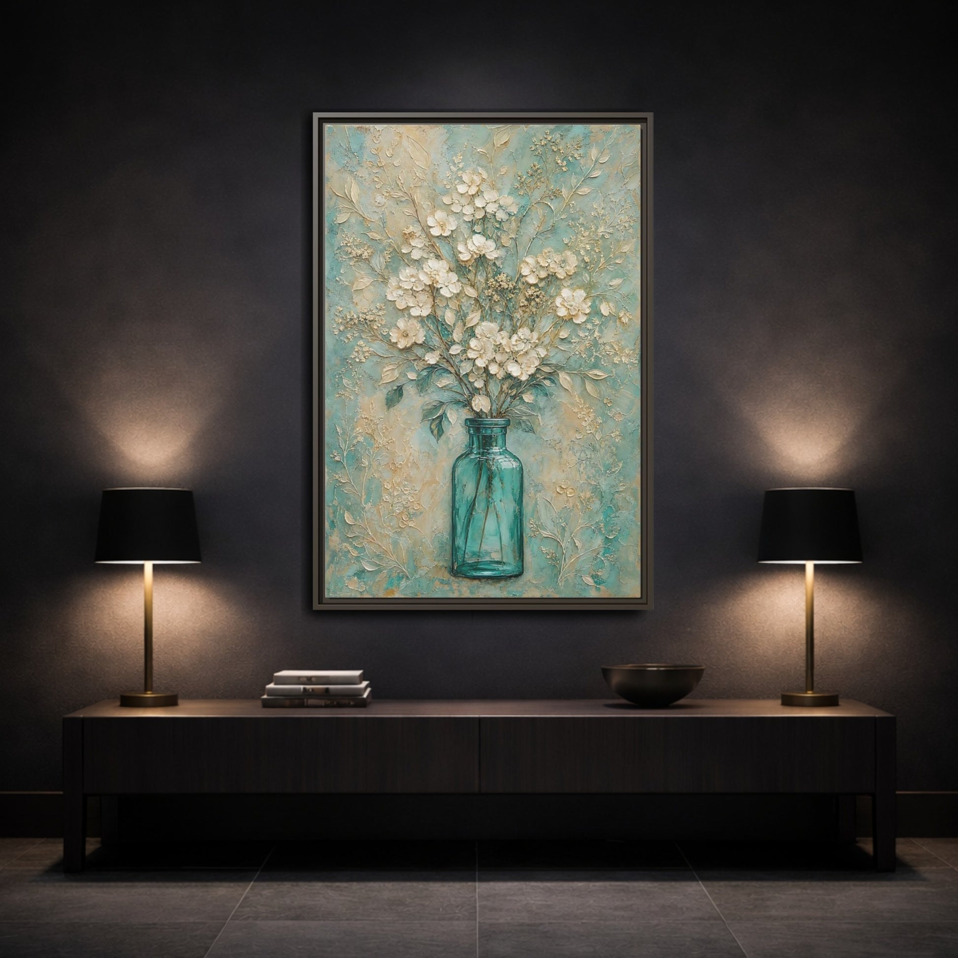 Mockup 3. Turquoise Vase Bouquet shown as framed canvas print