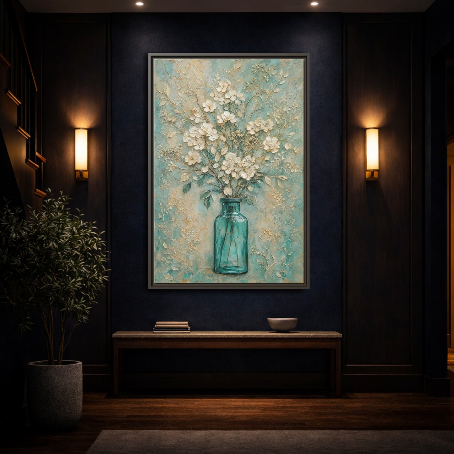 Mockup 4. Turquoise Vase Bouquet shown as framed canvas print