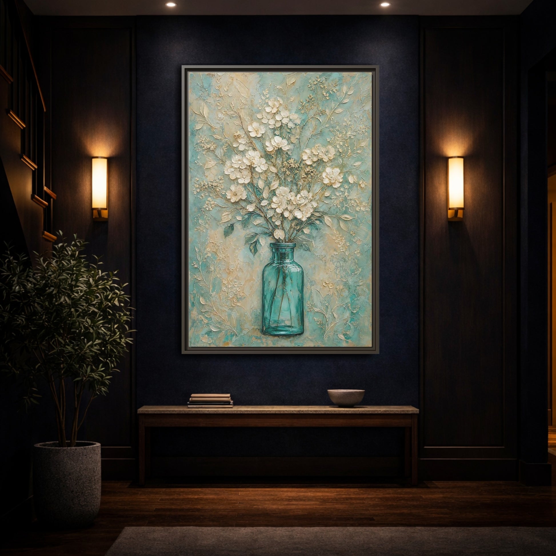 Mockup 4. Turquoise Vase Bouquet shown as framed canvas print