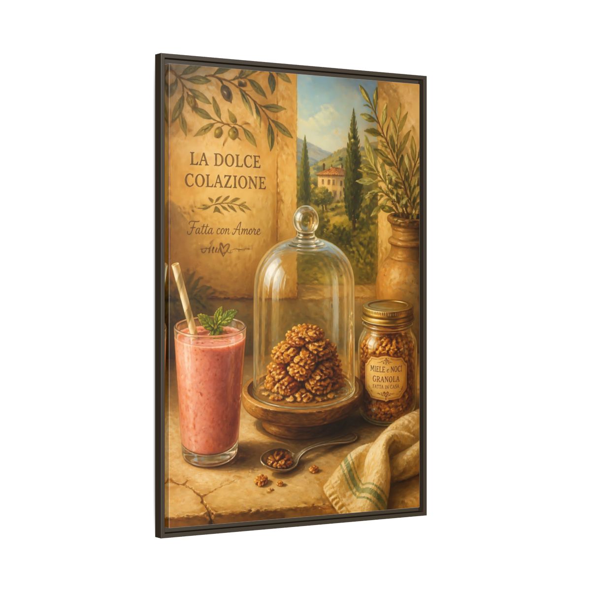 Side Mockup 8. Tuscan Breakfast Still Life shown as framed canvas print