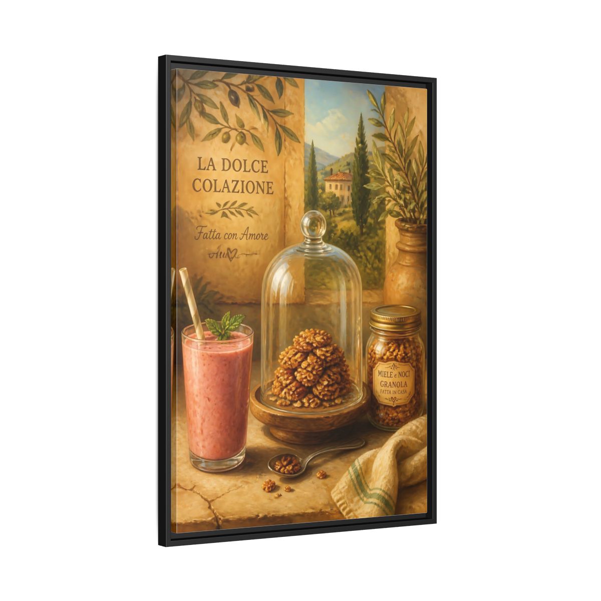 Side Mockup 13. Tuscan Breakfast Still Life shown as framed canvas print