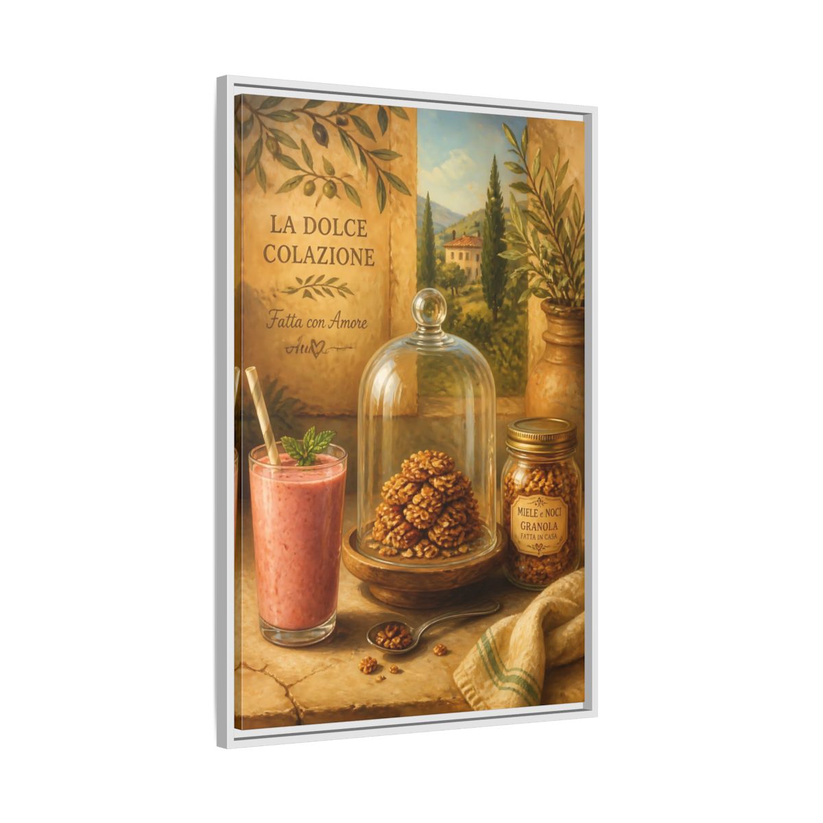Side Mockup 9. Tuscan Breakfast Still Life shown as framed canvas print