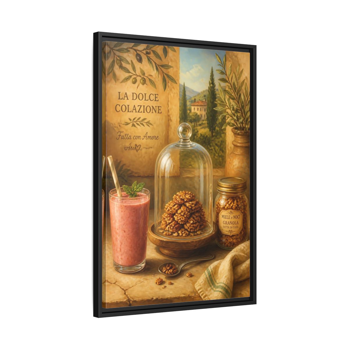 Side Mockup 14. Tuscan Breakfast Still Life shown as framed canvas print
