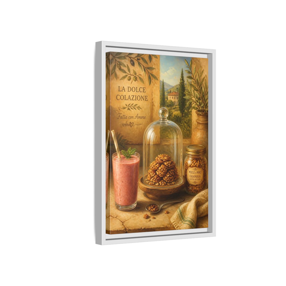 Side Mockup 4. Tuscan Breakfast Still Life shown as framed canvas print