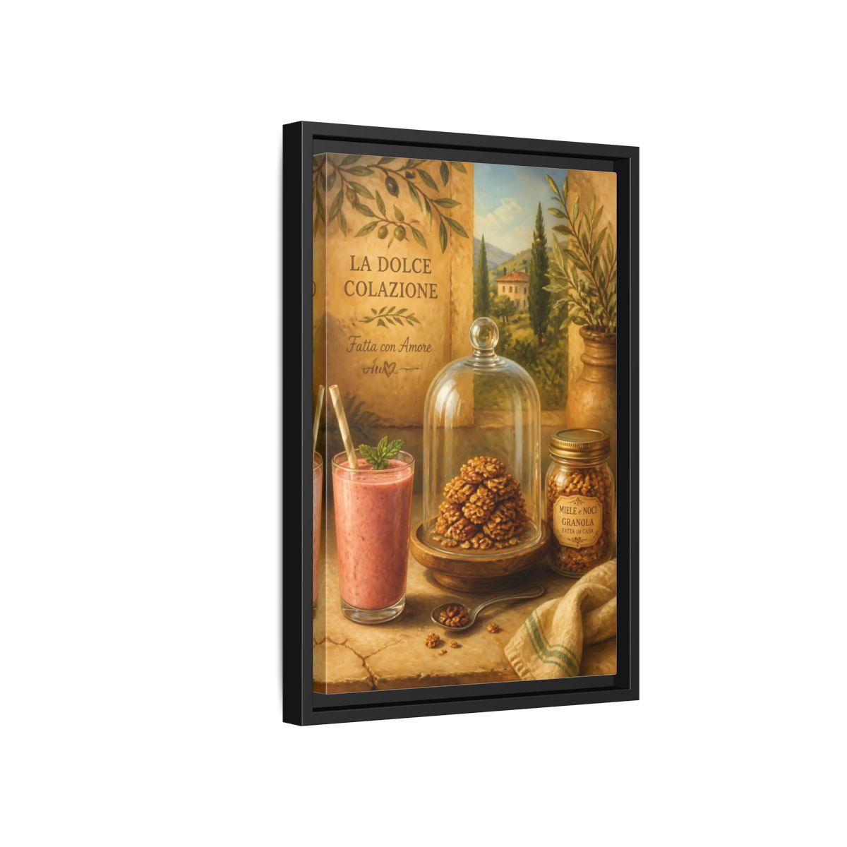 Side Mockup 6. Tuscan Breakfast Still Life shown as framed canvas print