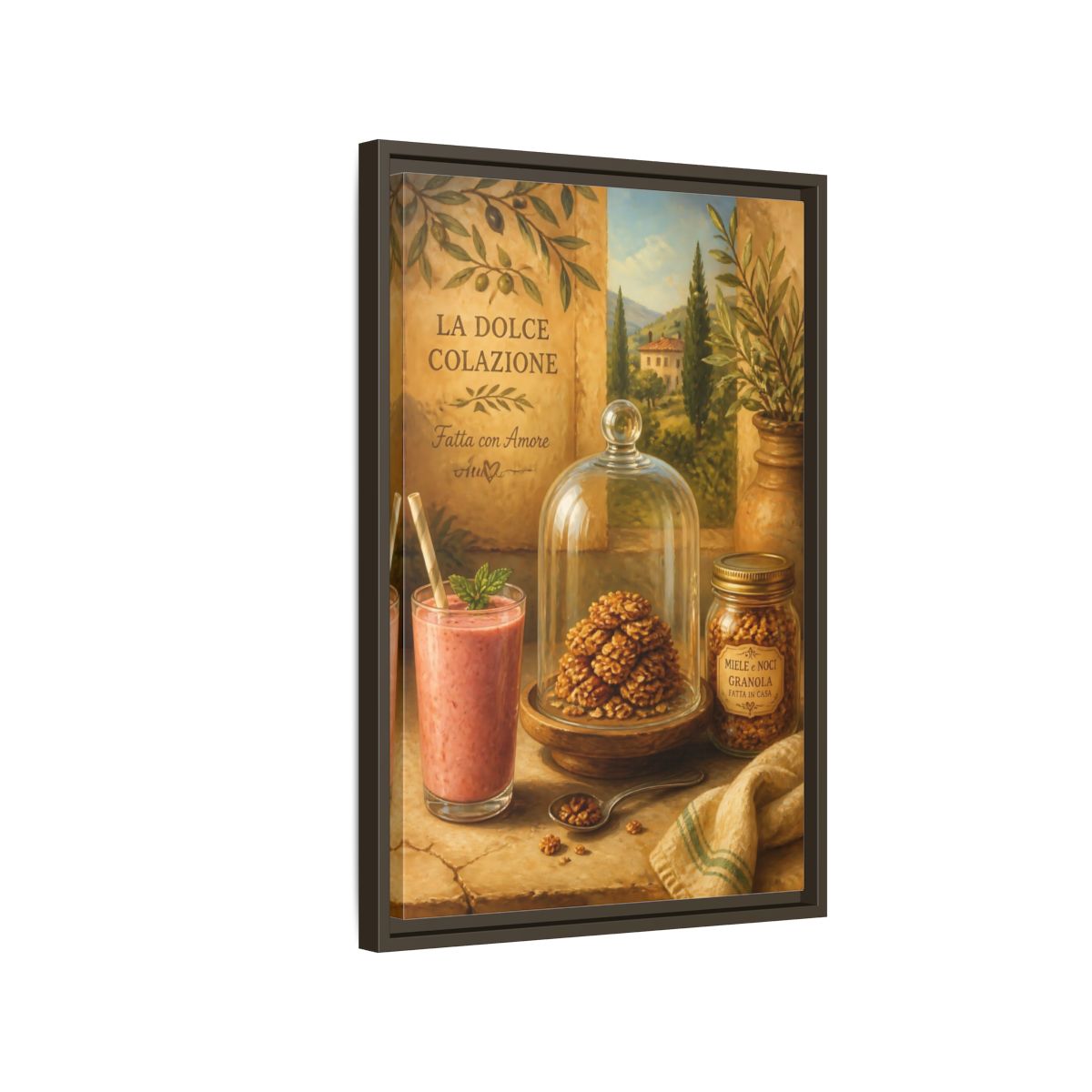 Side Mockup 2. Tuscan Breakfast Still Life shown as framed canvas print