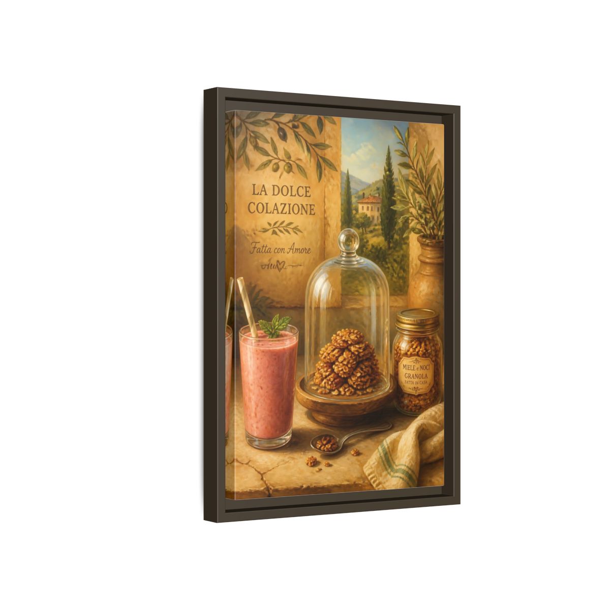 Side Mockup 5. Tuscan Breakfast Still Life shown as framed canvas print