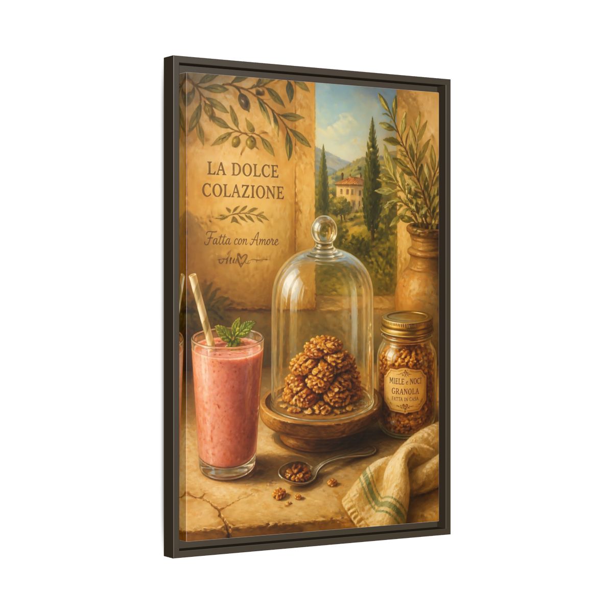 Side Mockup 11. Tuscan Breakfast Still Life shown as framed canvas print