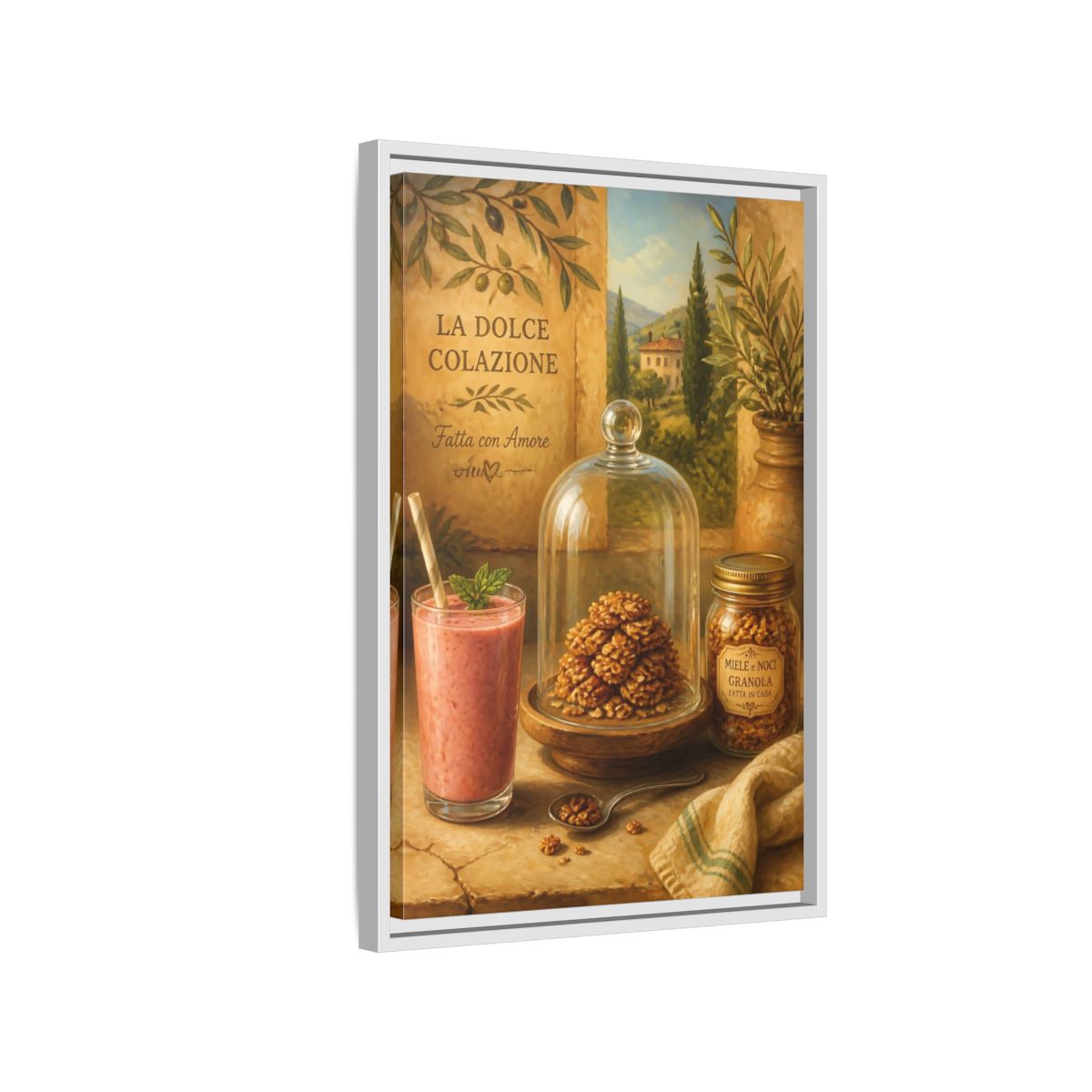 Side Mockup 1. Tuscan Breakfast Still Life shown as framed canvas print